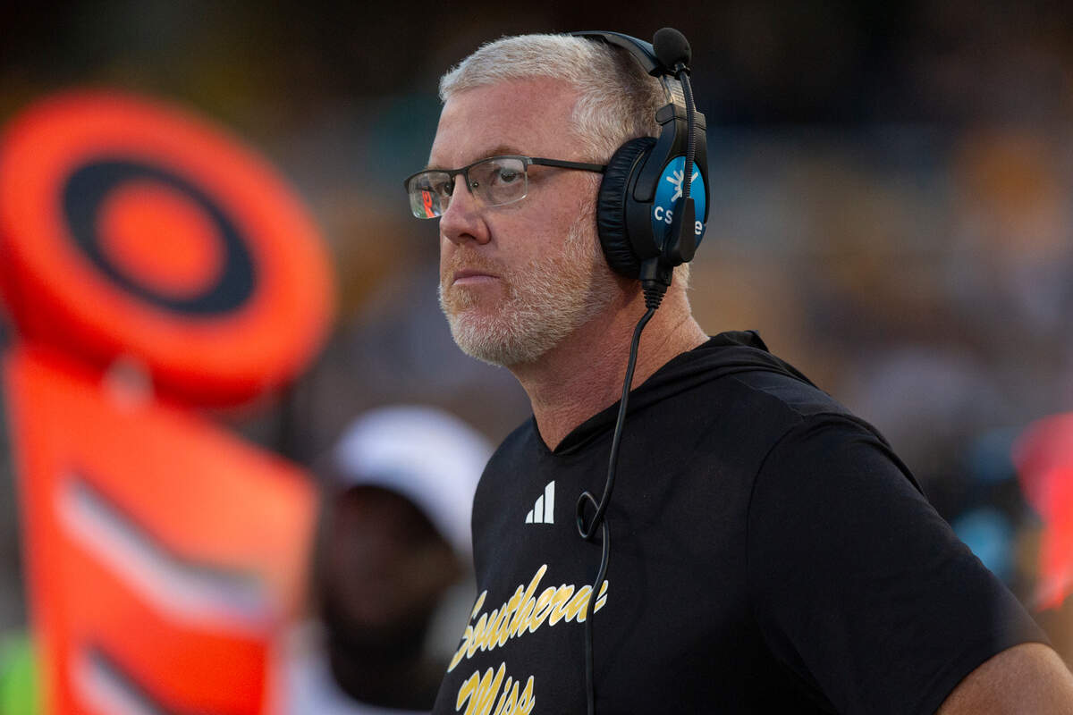 Southern Miss Assistant Head Coach Reed Stringer on the sidelines of a game between Southern Miss and Arkansas State at M.M. Roberts Stadium in Hattiesburg on Saturday, Oct. 19, 2024.