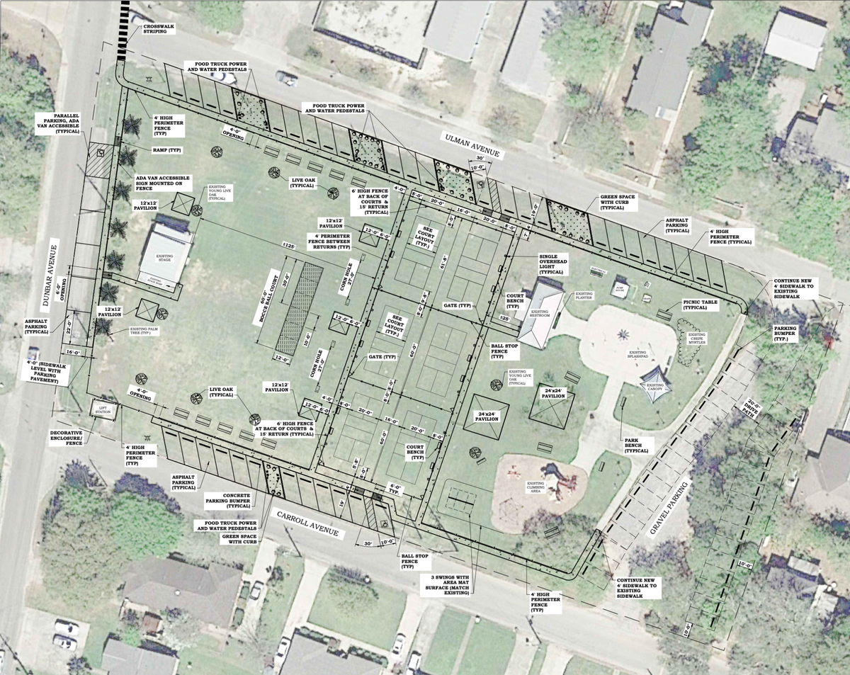 A screenshot of a Bay St. Louis planning document shows drawings for what will eventually become six pickleball courts in McDonald Park at Dunbar and Ulman Avenue.