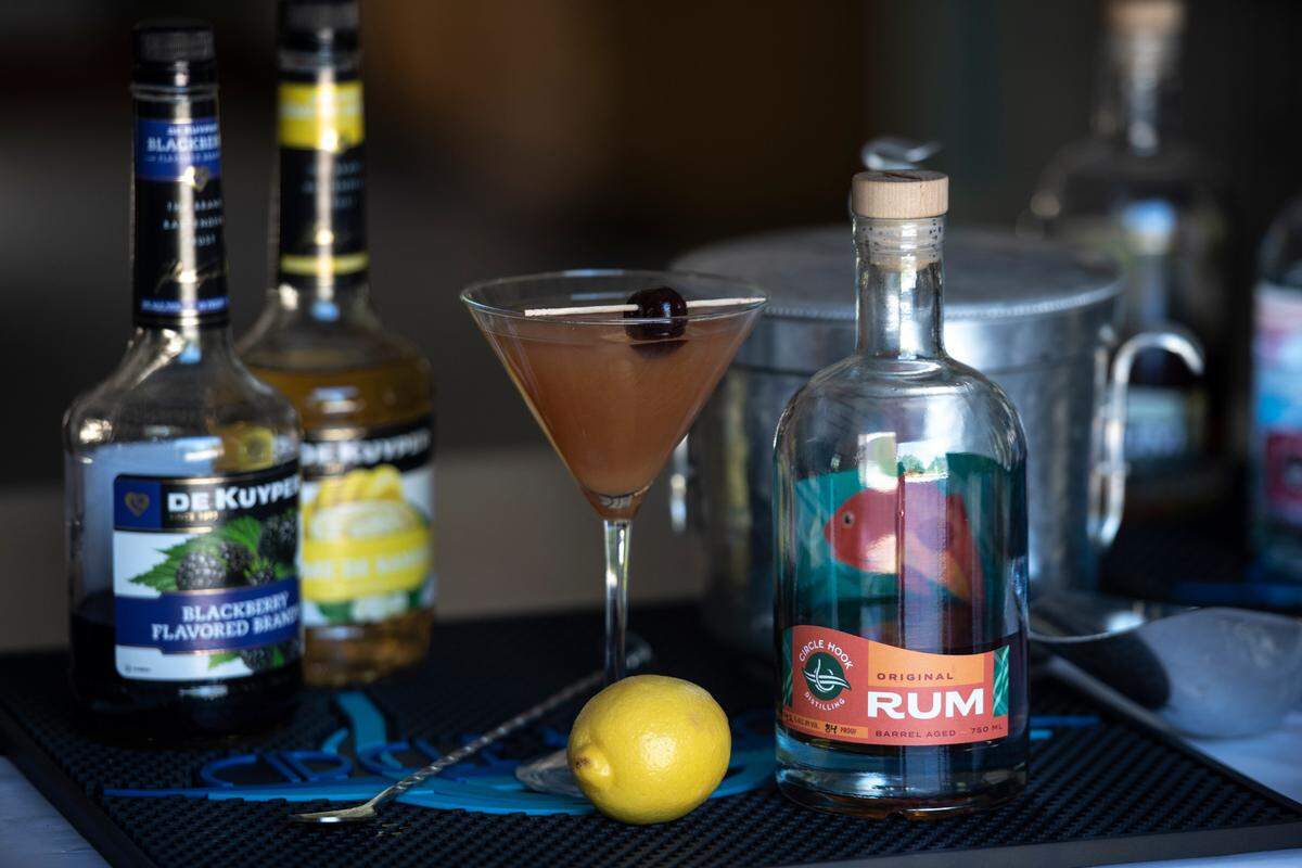 A rumrunner drink made with Circle Hook Distilling’s Original Rum at Circle Hook Distilling in Gulfport on Monday, April 17, 2023.