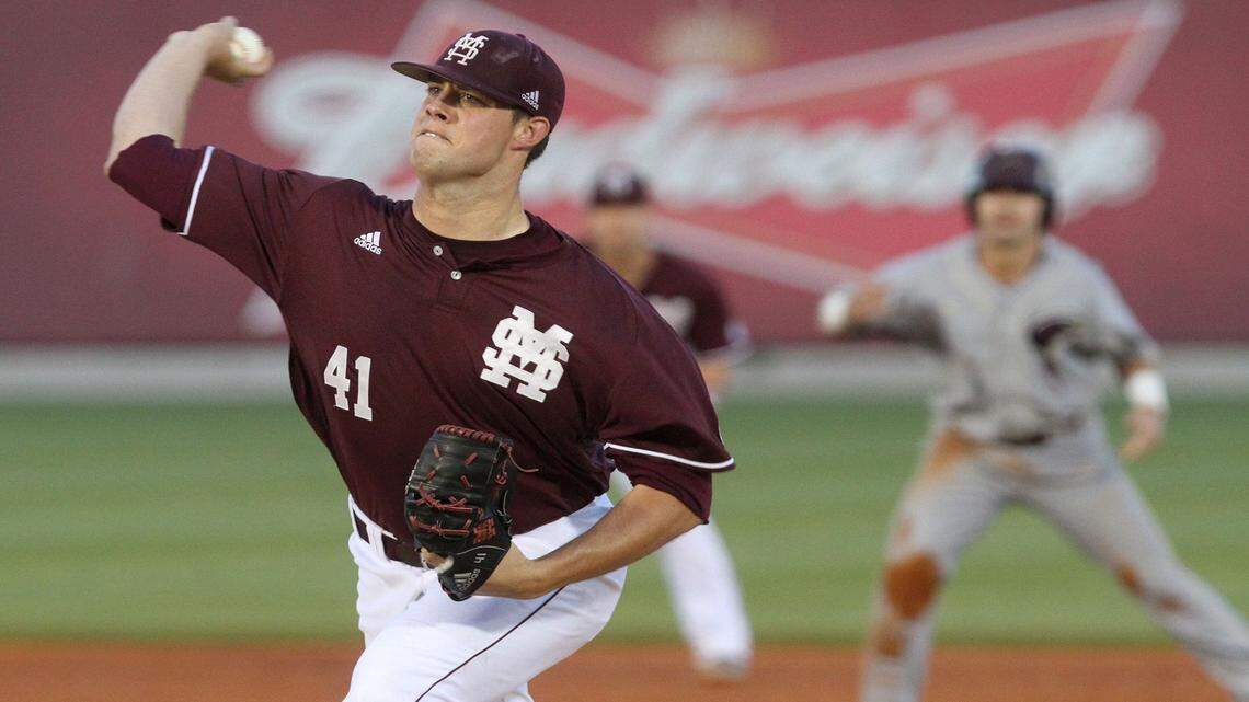JOHN FITZHUGH/SUN HERALD 
 Mississippi State starting pitcher Zac Houston throws during the first inning of their game against University of Louisiana-Monroe at MGM Park in Biloxi on Wednesday April 20, 2016.