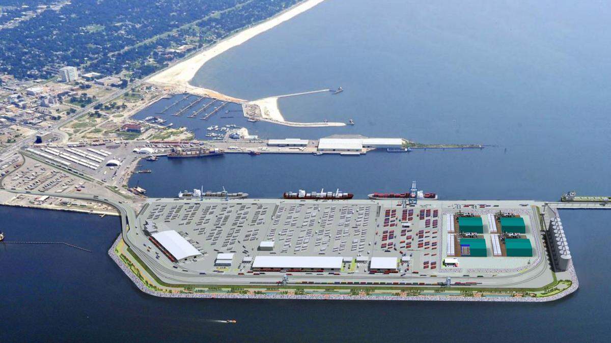 SEAONE GULFPORT LLC 
 SeaOne Gulfport hopes to negotiate a lease on the south end of the West Pier, where four buildings are shown in green. The rendering shows SeaOne when completely built out, but the company initially plans to start with one building. SeaOne uses a patented system to condition, liquiefy and transport gas.