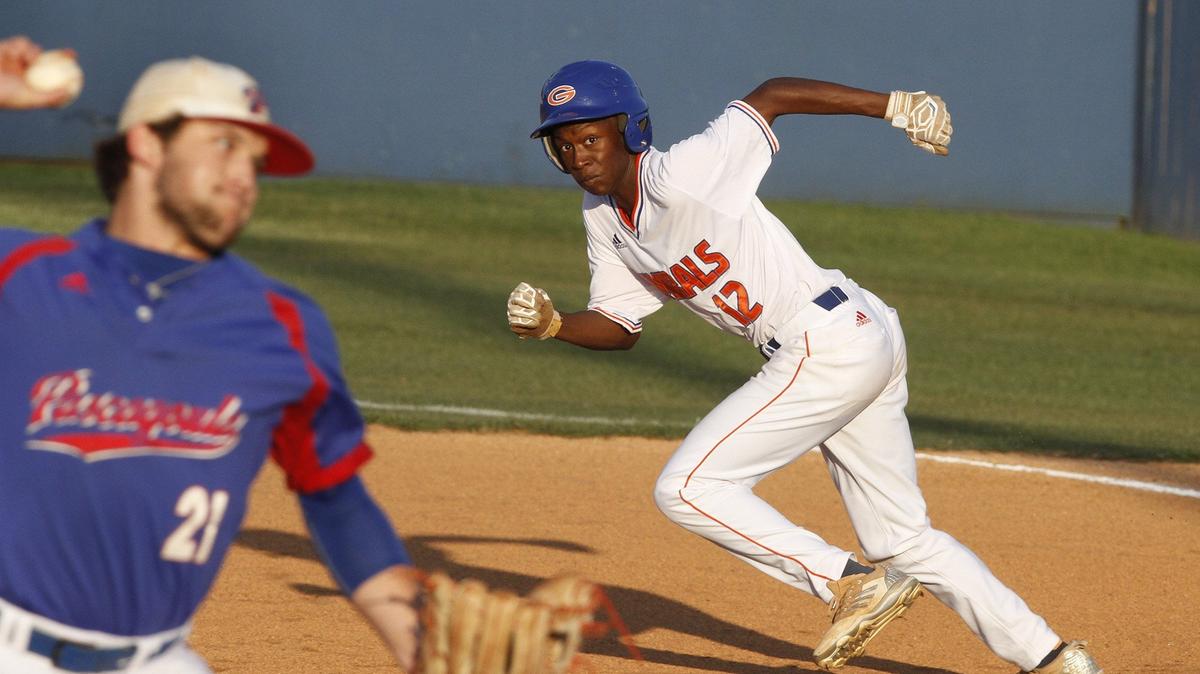 Gulfport’s Jerod Williams steals second against Pascagoula pitcher Austin Beech during the second inning of their 6A playoff game at Herb Wilson Field in Gulfport on Friday, April 26, 2018.