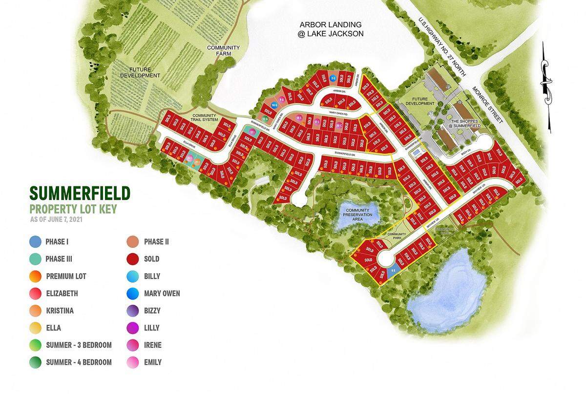 The Summerfield single family home development on a lake in Tallahassee, Fla., is one of the newest housing communities built by Arbor Properties. The layout provides space for amenities like walking trails.