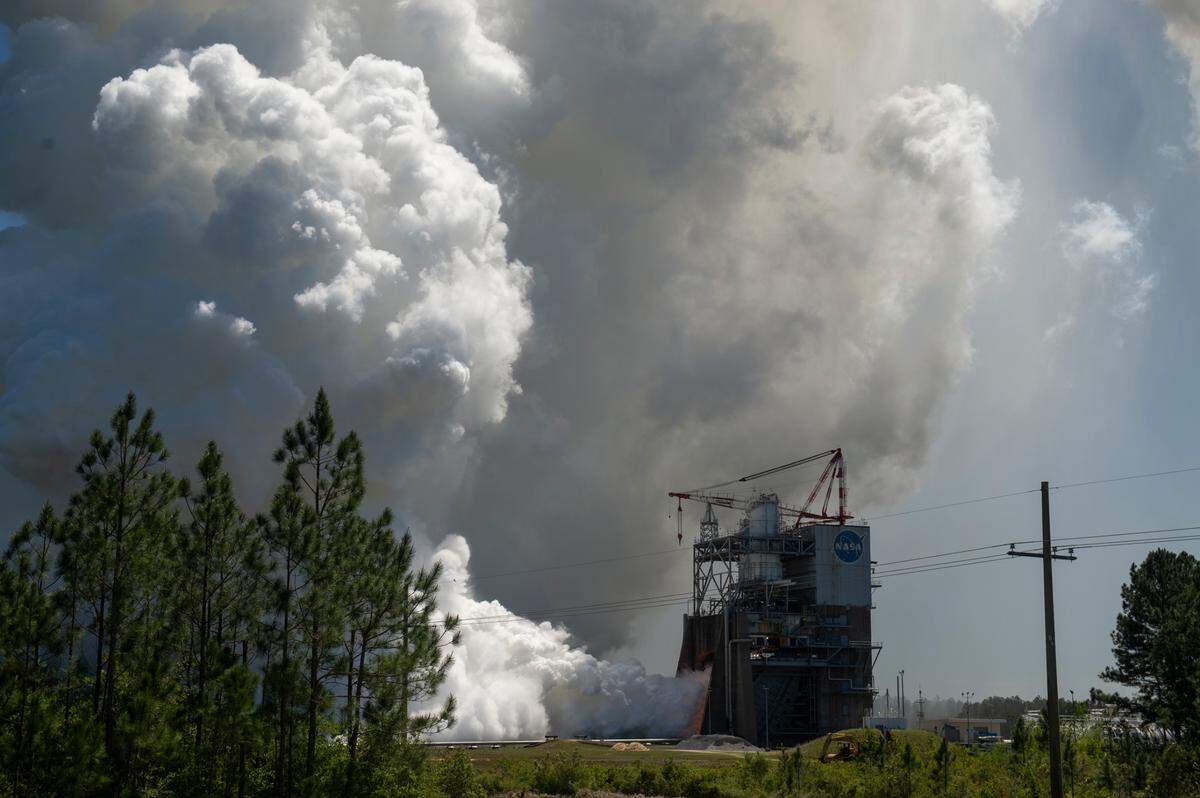 Steam erupts from the base of the A-1 Test Stand, also called the Fred Haise Test Stand, at Stennis Space Center in Bay St. Louis on Wednesday, April 3, 2024, as NASA tests one of the RS-25 engines destined for the Artemis missions.