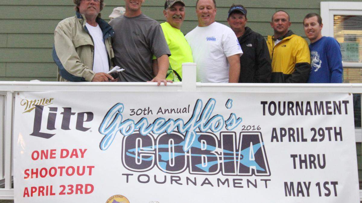 JOHN FITZHUGH/SUN HERALD 
 The crew of Lil Time off pose for photos after wining the Gorenflo's Cobia Tournament at Point Cadet Marina in Biloxi on Sunday May 1, 2016. They had a total weight of 182.15 pounds.