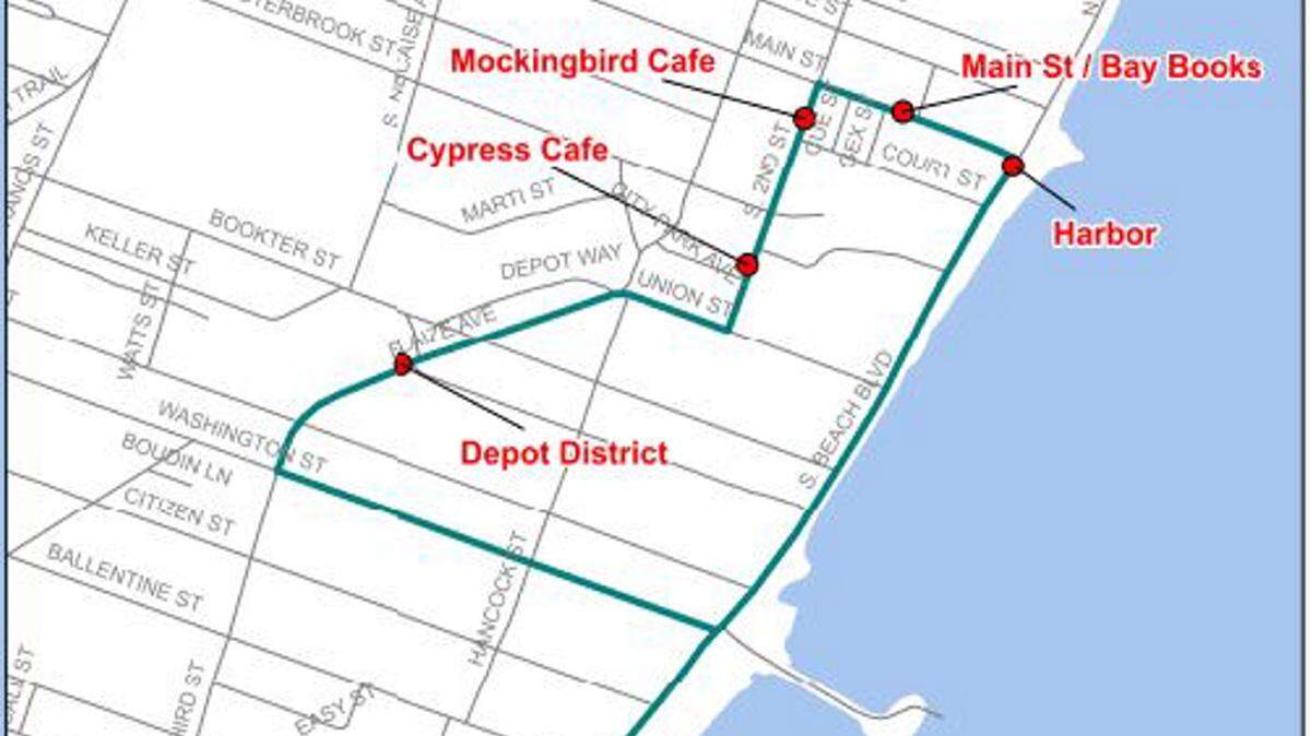 COAST TRANSIT AUTHORITY 
 The Beach Trolley will run and hourly loop from Silver Slipper Casino in Hancock County, along the beach to Waveland and Bay St. Louis and back. This map shows the route through Bay St. Louis.