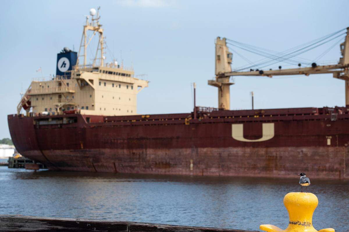 The UBC Sacramento, destined for Guadeloupe and Martinique, is loaded with 18,000 metric tons of wood pellets produced by Enviva at its shipping terminal at the Port of Pascagoula in Pascagoula in 2022.