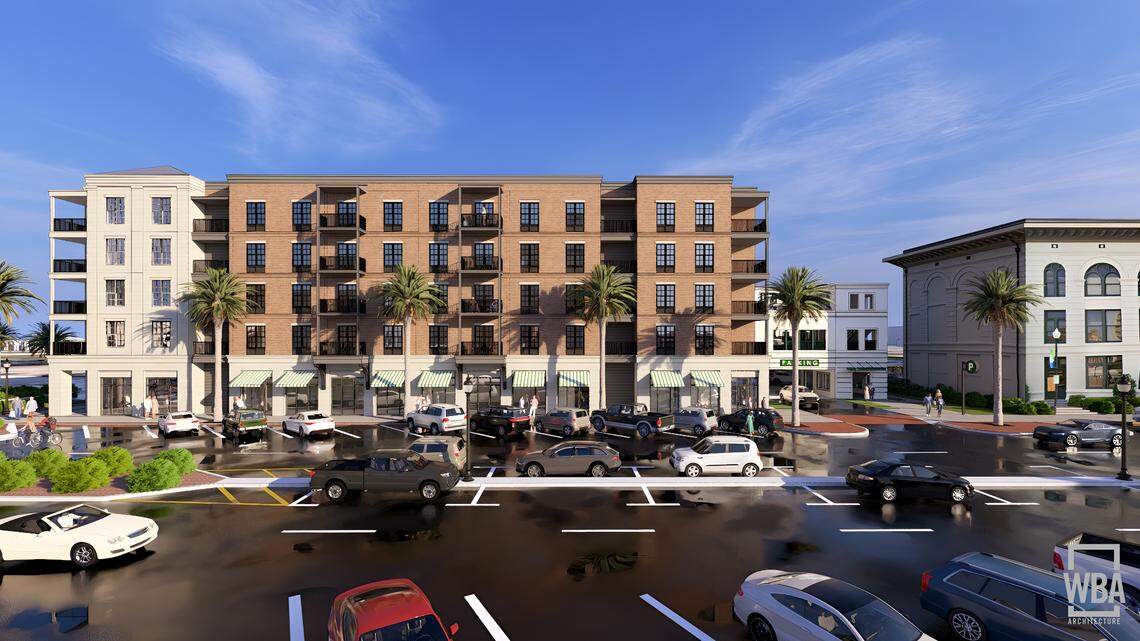 Gulfport Town Center is shown from 13th Street downtown, including a portion of the historic Gulf & Ship Island Building, right. The historic building houses University of Southern Mississippi offices engaged in work that benefits the Coast’s blue economy.