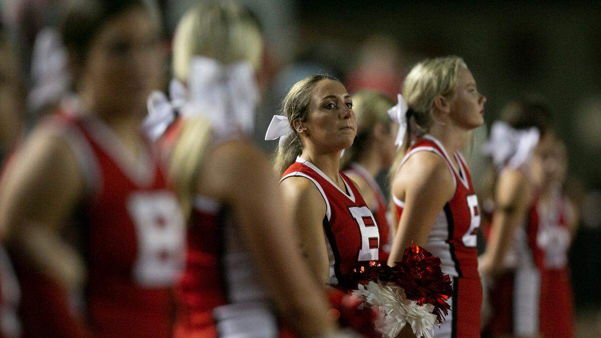 Biloxi cheerleaders on the sidelines of the first Friday night football game of the season on Friday, Aug. 27, 2021.