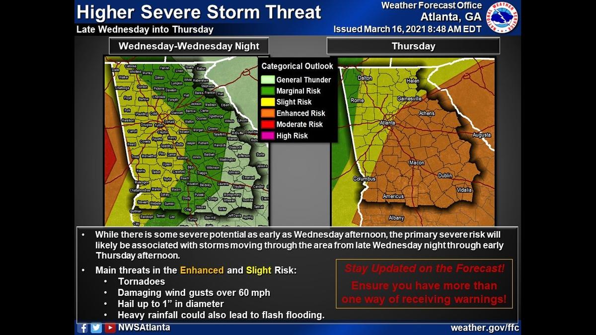 Severe weather is possible across North and Central Georgia this week, bringing the risk for heavy rain, damaging winds and possible tornadoes, forecasts show.
