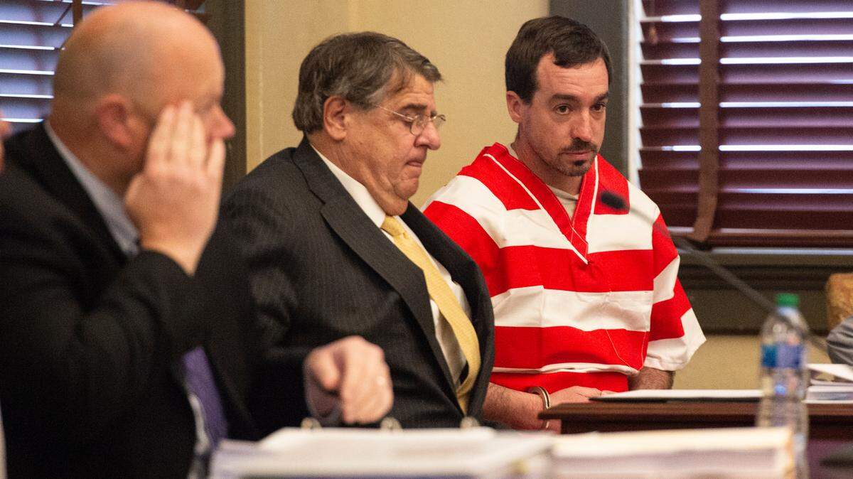 Alan Moran and his attorney Donald Rafferty during Moran’s sentencing in county court in Bay St. Louis on Friday, Feb. 16, 2024.