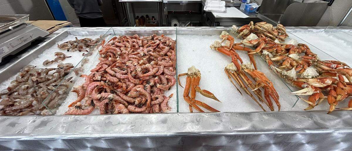 The cold counter with shrimp and crab at Killer Crab & Seafood in Ocean Springs, Mississippi.
