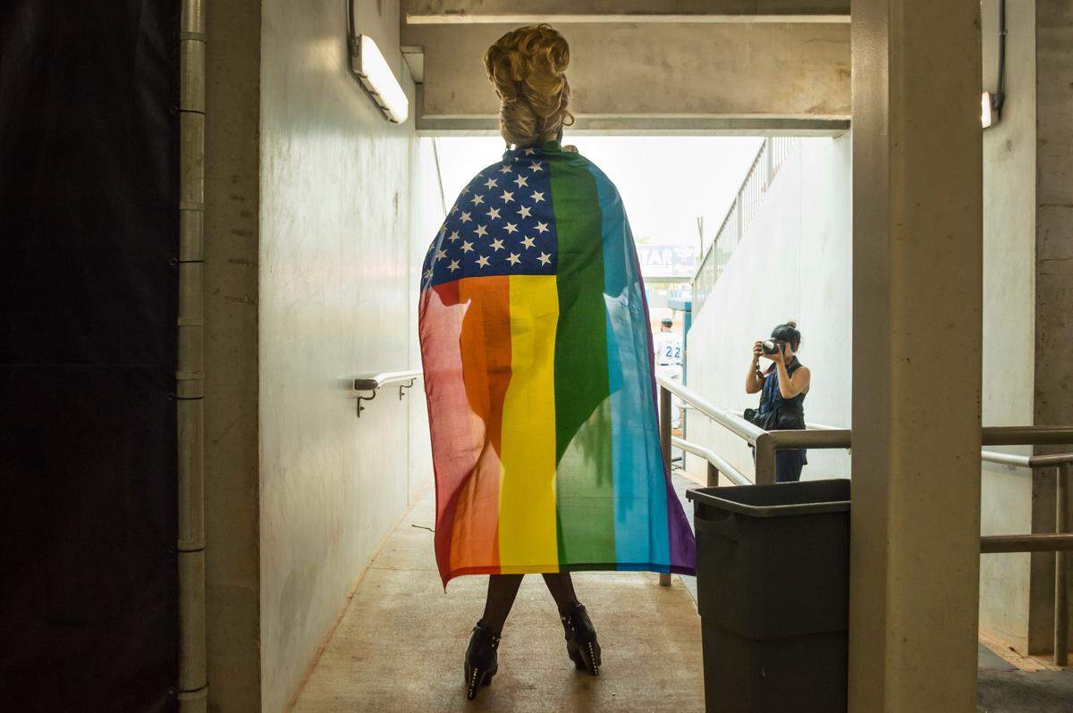 Drag queen Lexis Redd D’ville moments before entering the MGM Park field for the pregame ceremonial first pitch during Pride Night on Saturday, June 1, 2019.