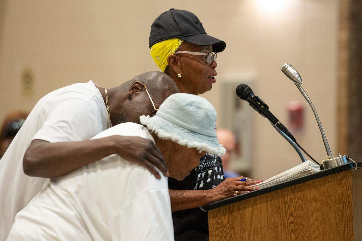 An Ocean Springs resident and her elderly mother address Mayor Kenny Holloway and the Board of Alderman during a public hearing hosted over the proposed Urban Renewal Plan at the Ocean Springs Civic Center on Monday, Oct. 2, 2023.
