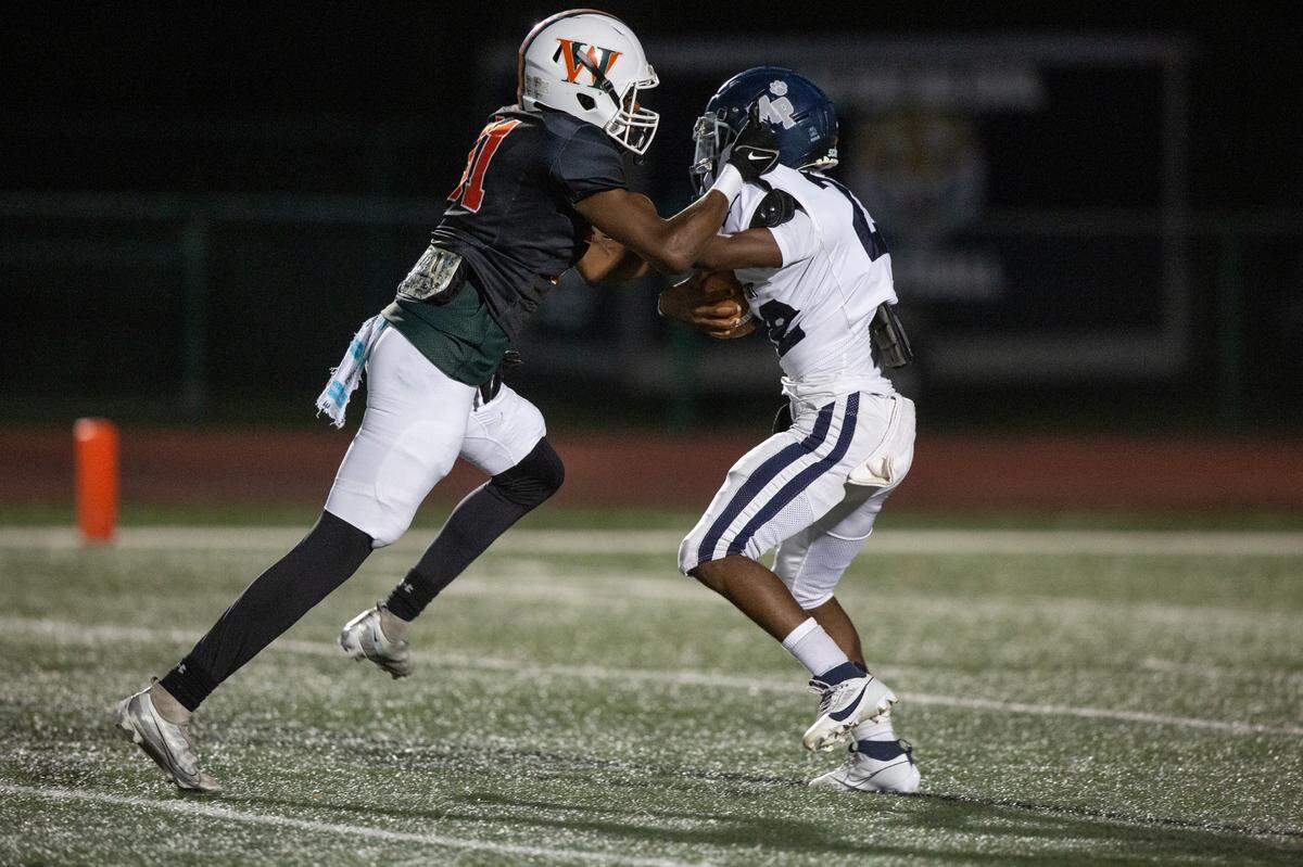 West Harrison Hurricanes’ Terrence Young II stops Moss Point’s punt return during a game against Moss Point at West Harrison High School in Gulfport on Friday, Sept. 22, 2023.