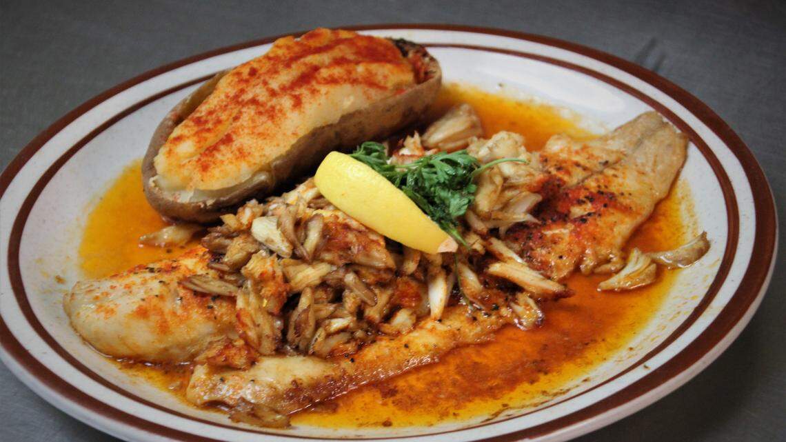 Trout with crabmeat topping, a true Coast classic.