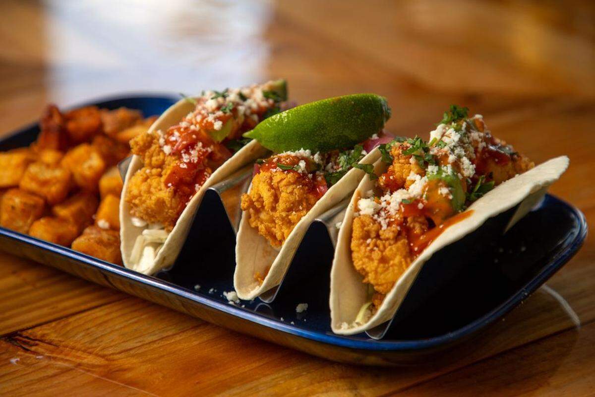 Delicious baja shrimp tacos from Flamingo Landing in Gulfport.