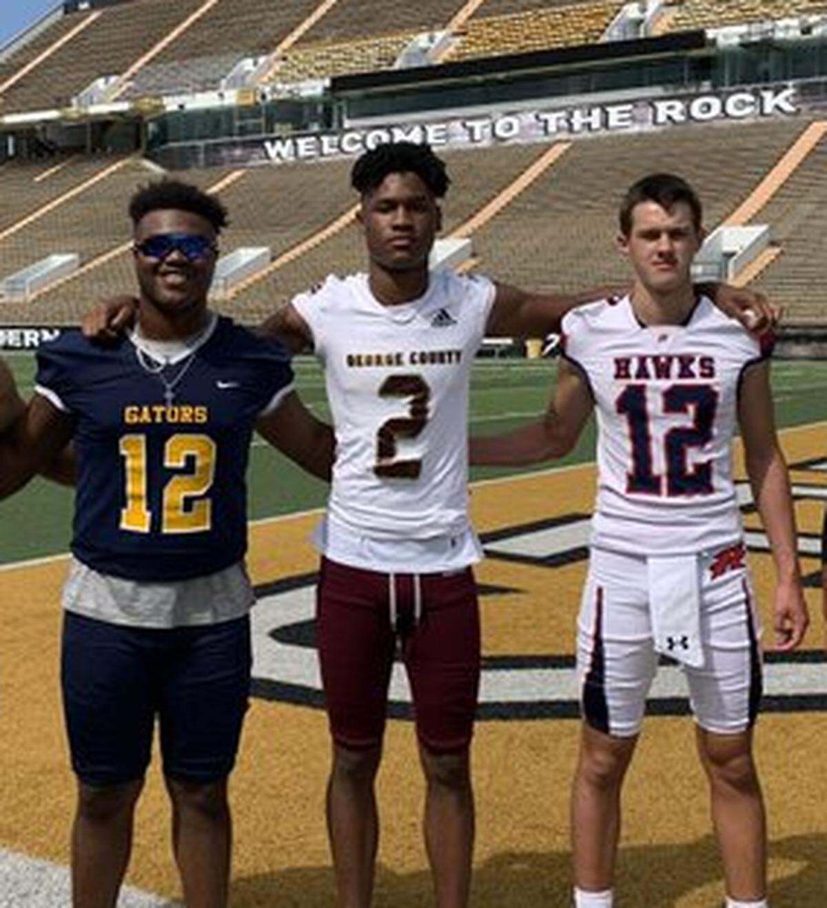 Coast area quarterbacks before the Big 40 camp in Hattiesburg, MS on July 23, 2022. From left to right: Hudson Osborne, St. Stanislaus; Jacob Palazzo, Gulfport; Kaden Irving, Gautier; Deuce Knight, George County; Dylan Moran, Hancock; Christian Turner, Harrison Central.