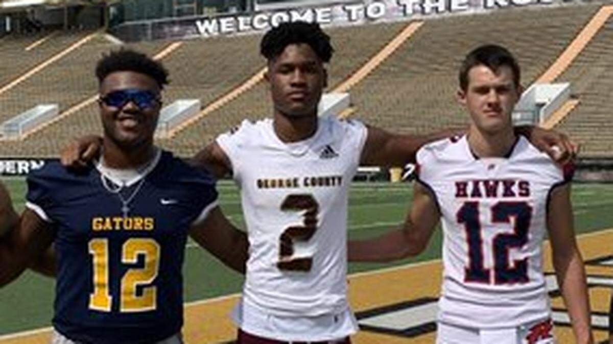 Coast area quarterbacks before the Big 40 camp in Hattiesburg, MS on July 23, 2022. From left to right: Kaden Irving, Gautier; Deuce Knight, George County; Dylan Moran, Hancock