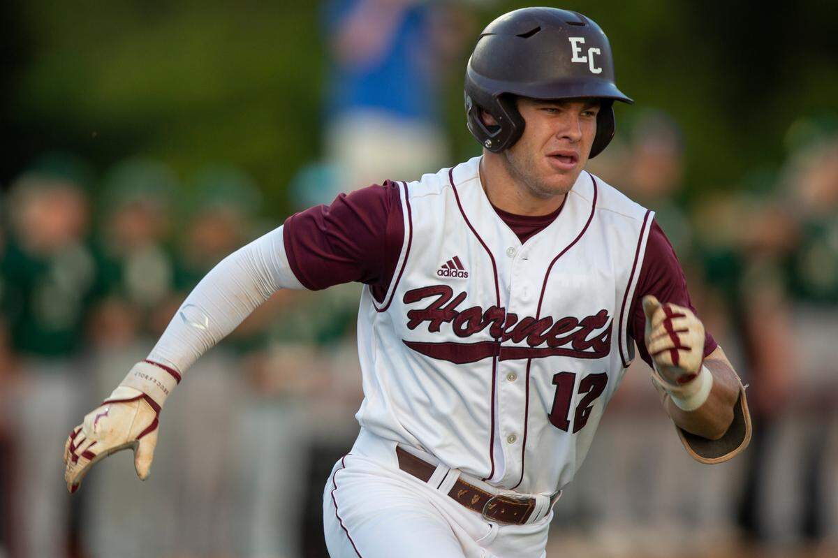 East Central’s TJ Dunsford runs to first base in the 5A South State championship game at East Central High School in Hurley on Tuesday, May 23, 2023.