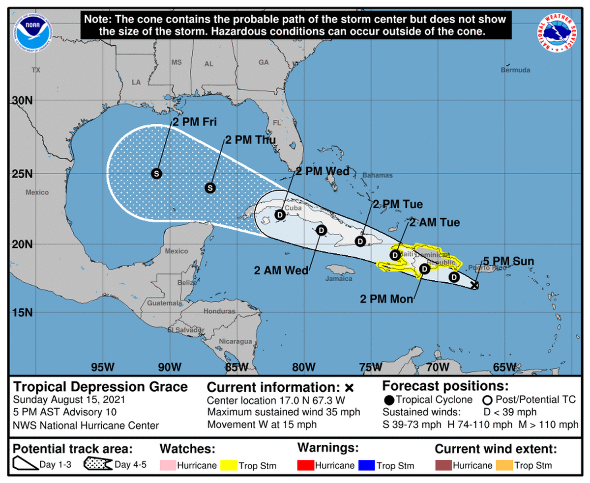 Forecast for Tropical Storm Grace as of 4 p.m. Sunday