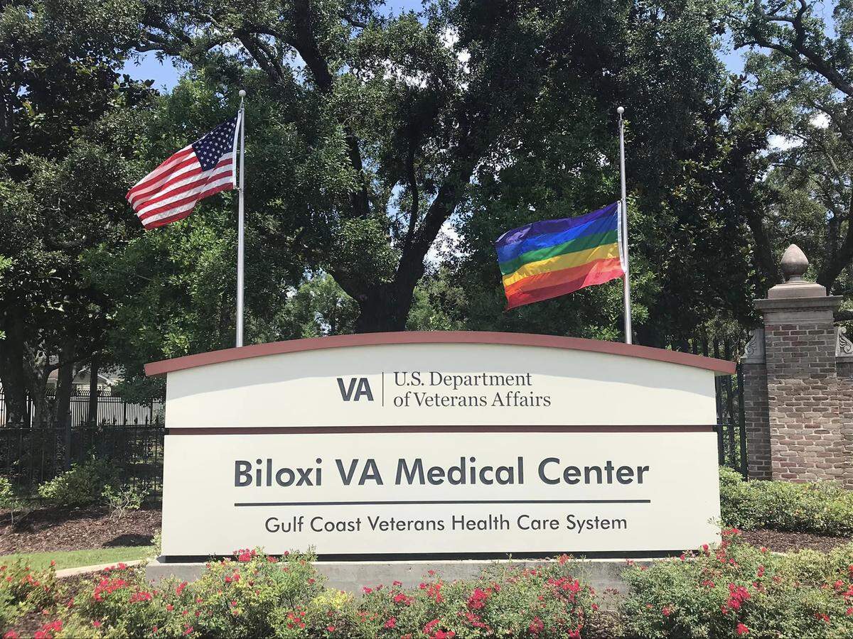 A Pride flag is flown at the Biloxi VA Medical Center on Pass Road to celebrate LGBTQ+ Pride Month.