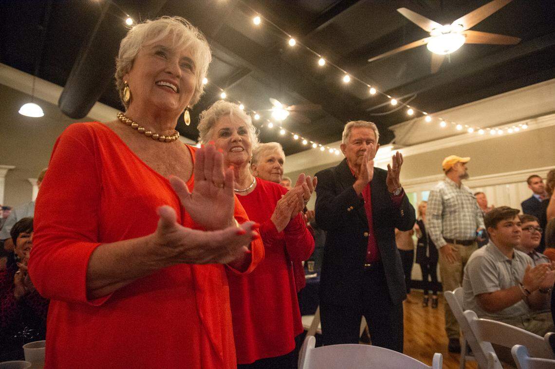 Supporters of Jackson County Sheriff Mike Ezell cheer as he wins Mississippi’s 4th Congressional District race on election night in Pascagoula on Tuesday, Nov. 8, 2022.