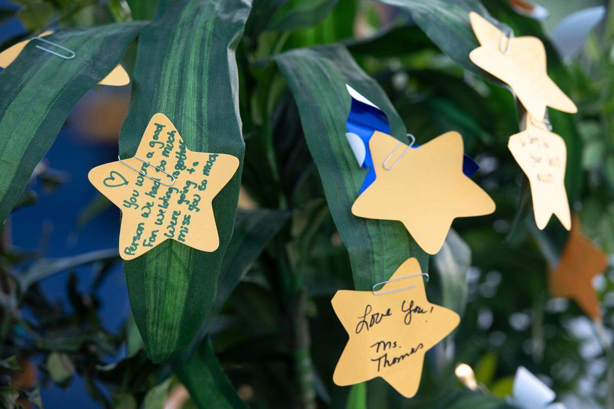 Prayers left by mourners on a prayer tree during a vigil for Gautier High School student Shermarion Miner at Gautier High School on Thursday, Jan. 16, 2025.