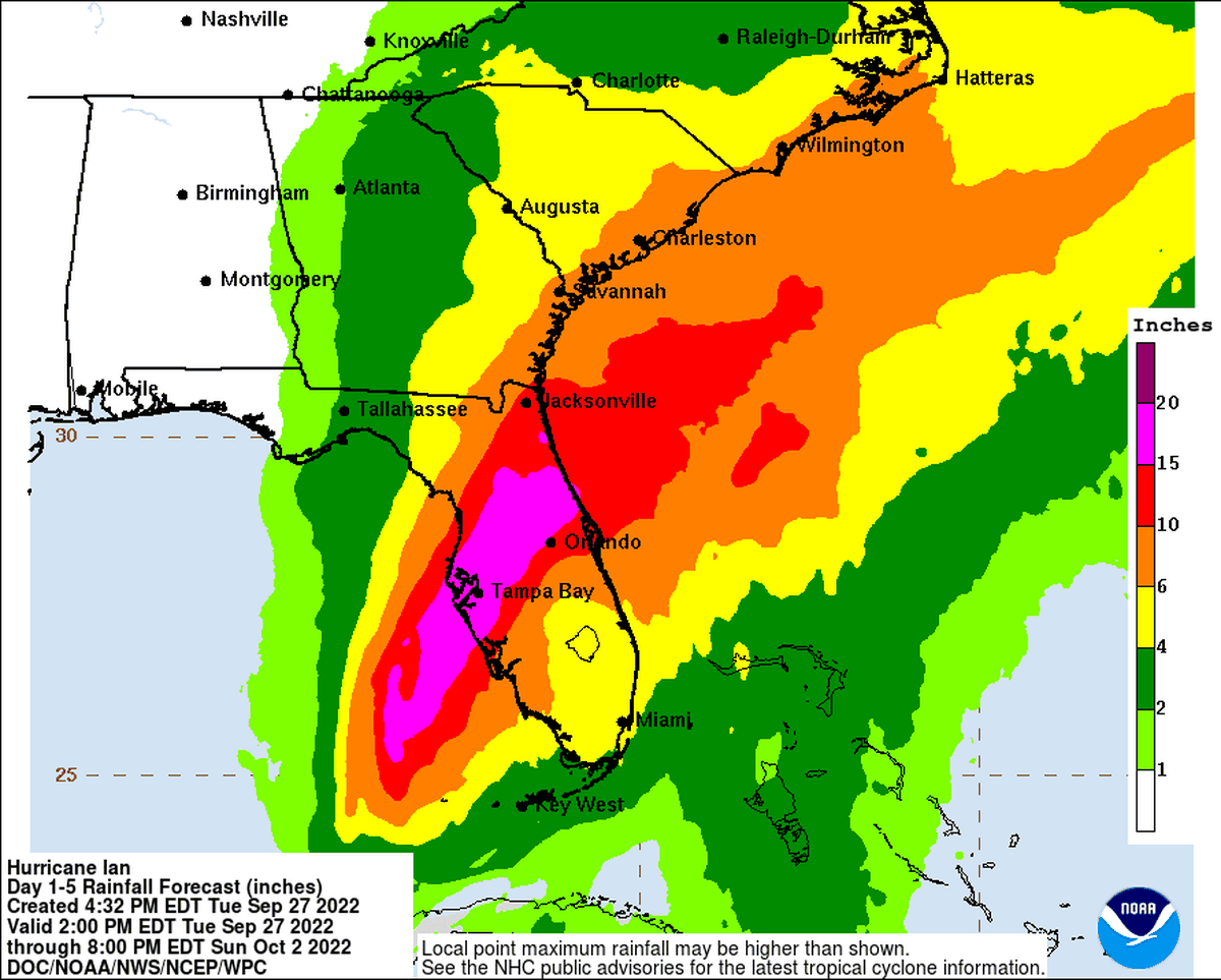 The storm surge in the Tampa, Florida, area may not be as high as originally feared, but the area could see up to two feet of rain from Hurricane Ian.