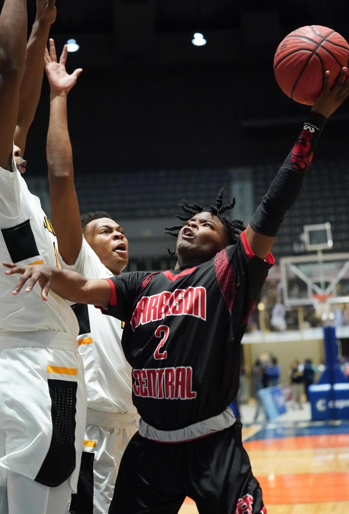 Harrison Central’s Demarius Coleman (2) drives against Starkville during the MHSAA 6A Boys Basketball Semifinals held at the Mississippi Coliseum March 4th, 2020.