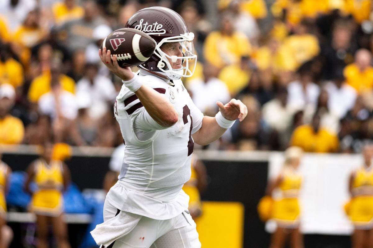 Mississippi State quarterback Blake Shapen (2) delivers a pass Saturday in the Bulldogs’ win over Southern Miss.