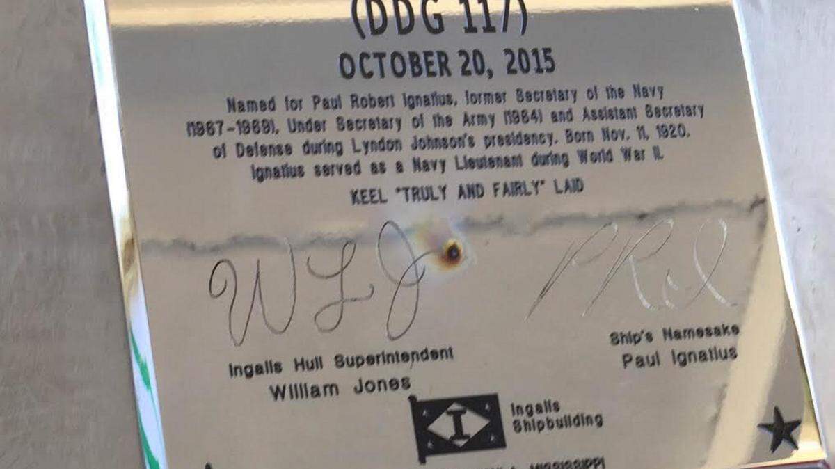 JEFF CLARK/SPECIAL TO THE SUN HERALDThe initials of former Secretary of Navy Paul Ignatius and Ingalls employee Bill Jones were welded into the keel of the Paul Ignatius DDG 117 destroyer.