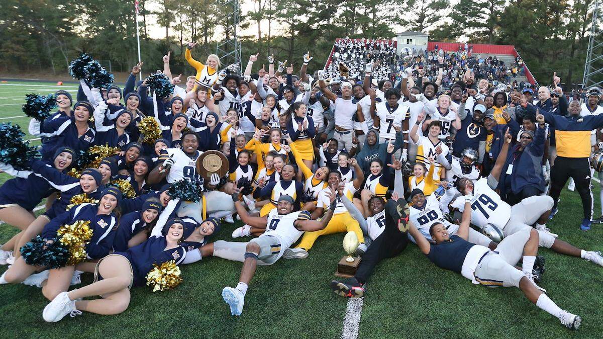 The Mississippi Gulf Coast Community College football team celebrates after beating Northwest Mississippi to claim the MACJC state championship on Saturday, Nov. 9, 2019, in Senatobia.
