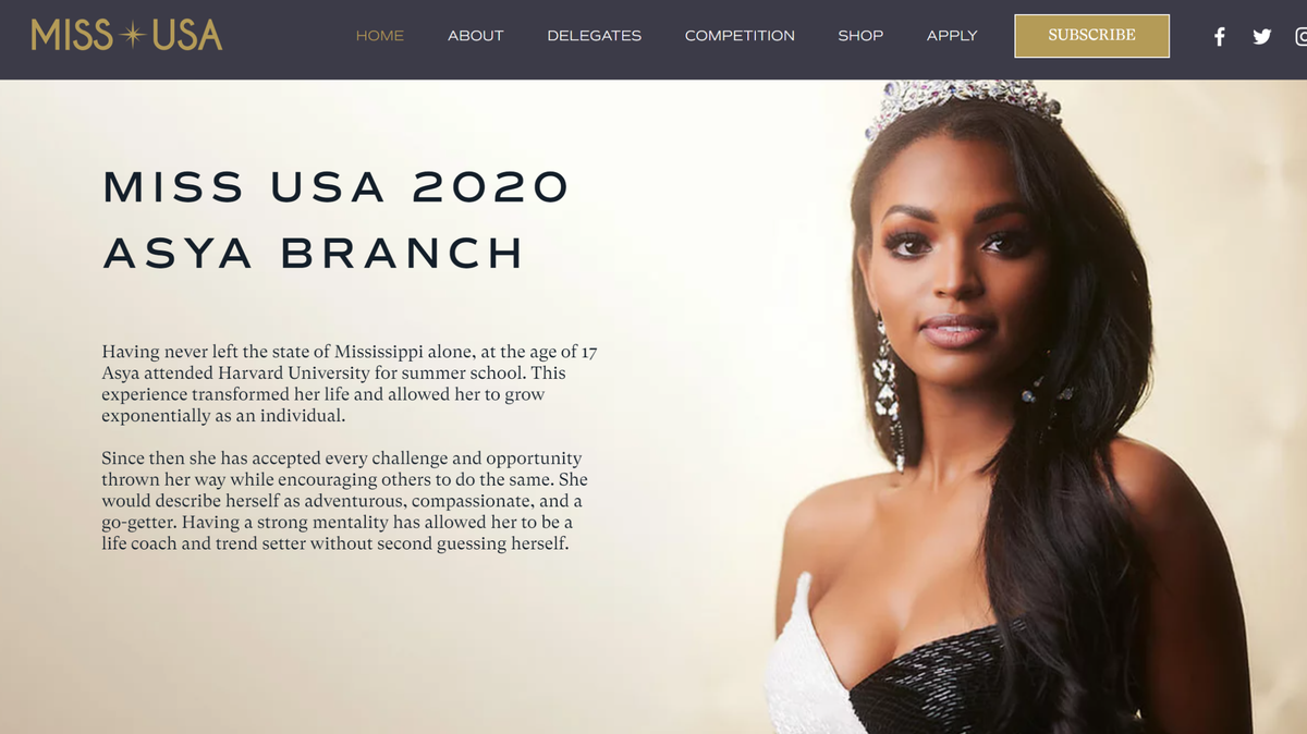 Mississippi native Asya Branch, 20, was crowned Miss USA 2020 at the coveted competition that aired live from Graceland in Memphis, Tennessee.
