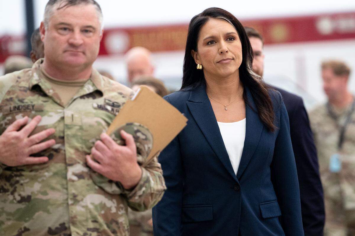 Director of National Intelligence Tulsi Gabbard arrives at a 20th anniversary commemoration of Hurricane Katrina at the Barksdale Pavilion in Gulfport on Friday, August. 29, 2025.