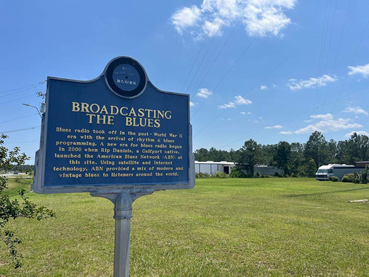 A sign detailing the significance of the American Blues Network stands outside JZ 94.5’s studio.