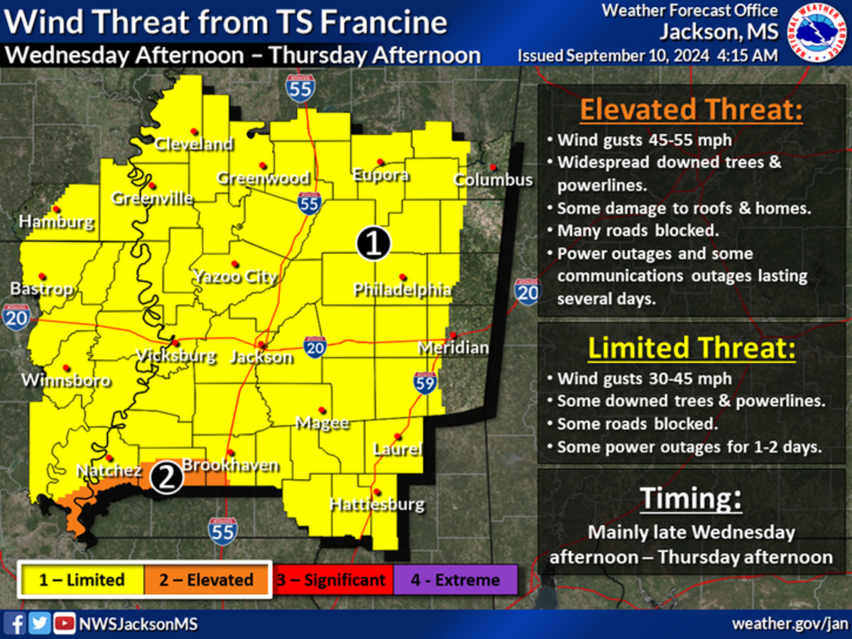 A large swath of Mississippi faces wind threat as Francine moves northwest this week. The far southwest corner of the state is most at risk of damaging winds, forecasters say.