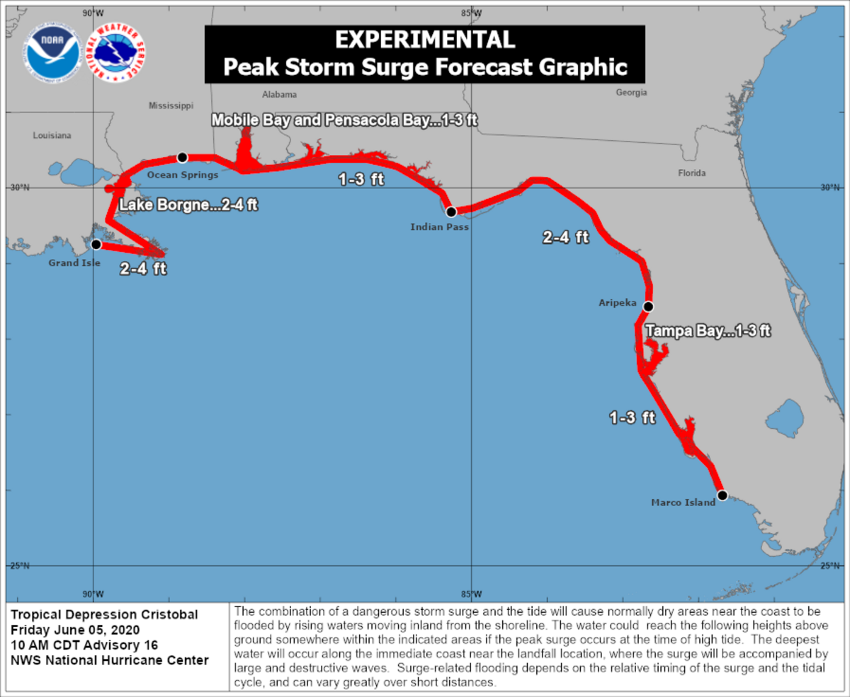Forecasters issued a storm surge warning for Cristobal.