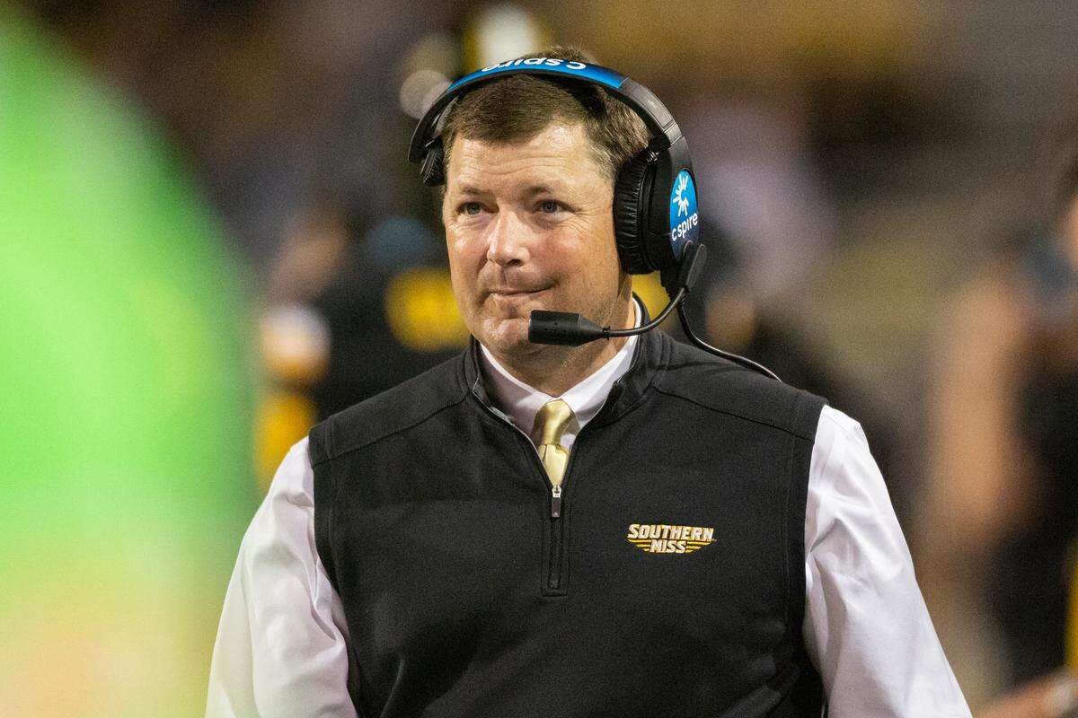Southern Mississippi Head Coach Will Hall smiles during the second half of an NCAA college football game in Hattiesburg, Miss., Thursday, Oct. 27, 2022. (Hannah Ruhoff/The Sun Herald via AP)