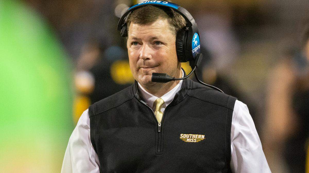 Southern Mississippi Head Coach Will Hall smiles during the second half of an NCAA college football game in Hattiesburg, Miss., Thursday, Oct. 27, 2022. (Hannah Ruhoff/The Sun Herald via AP)