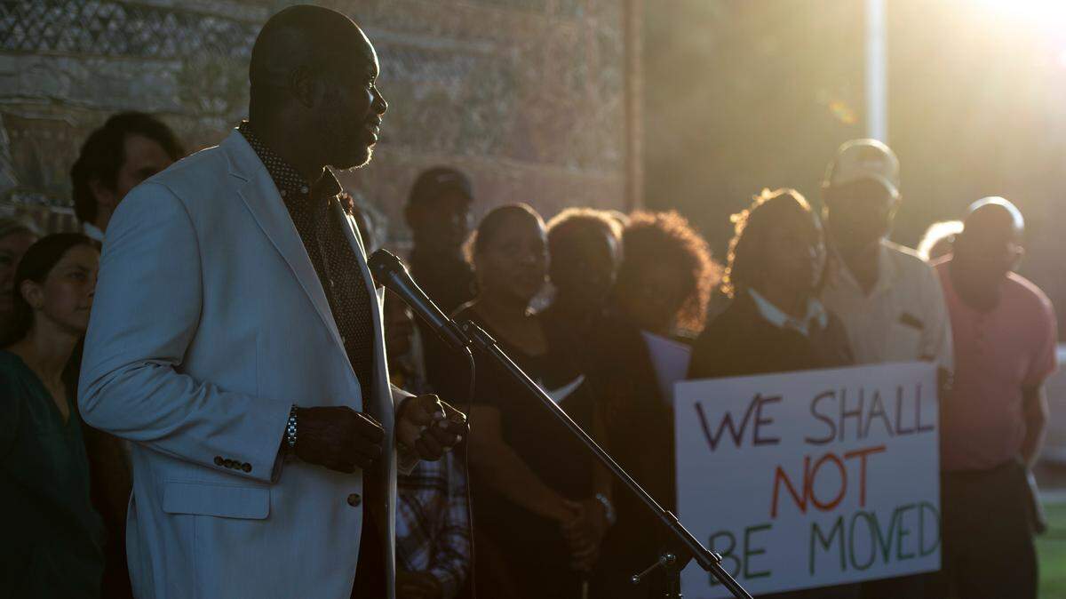 Richard L. Jackson, of the Jackson County branch of the NAACP, speaks to the media for We Shall Not Be Moved, a group protesting the Ocean Springs’ Urban Renewal Plan, outside the city Civic Center on Wednesday, Sept. 20, 2023.