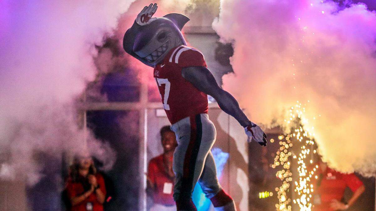 Landshark Tony makes his debut Saturday at the Ole Miss Meet the Team Day in Oxford. The new on-field mascot replaces the black bear, Rebel, who roamed the sidelines for eight years.