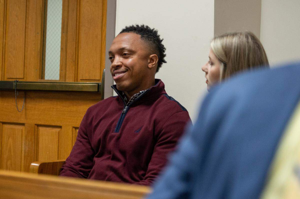 Now ex-Moss Point police officer Eric Maye waits for a hearing at Jackson County Circuit Court in Pascagoula on Thursday, March 24, 2022. The hearing was delayed to give the officer time to hire his own attorney.