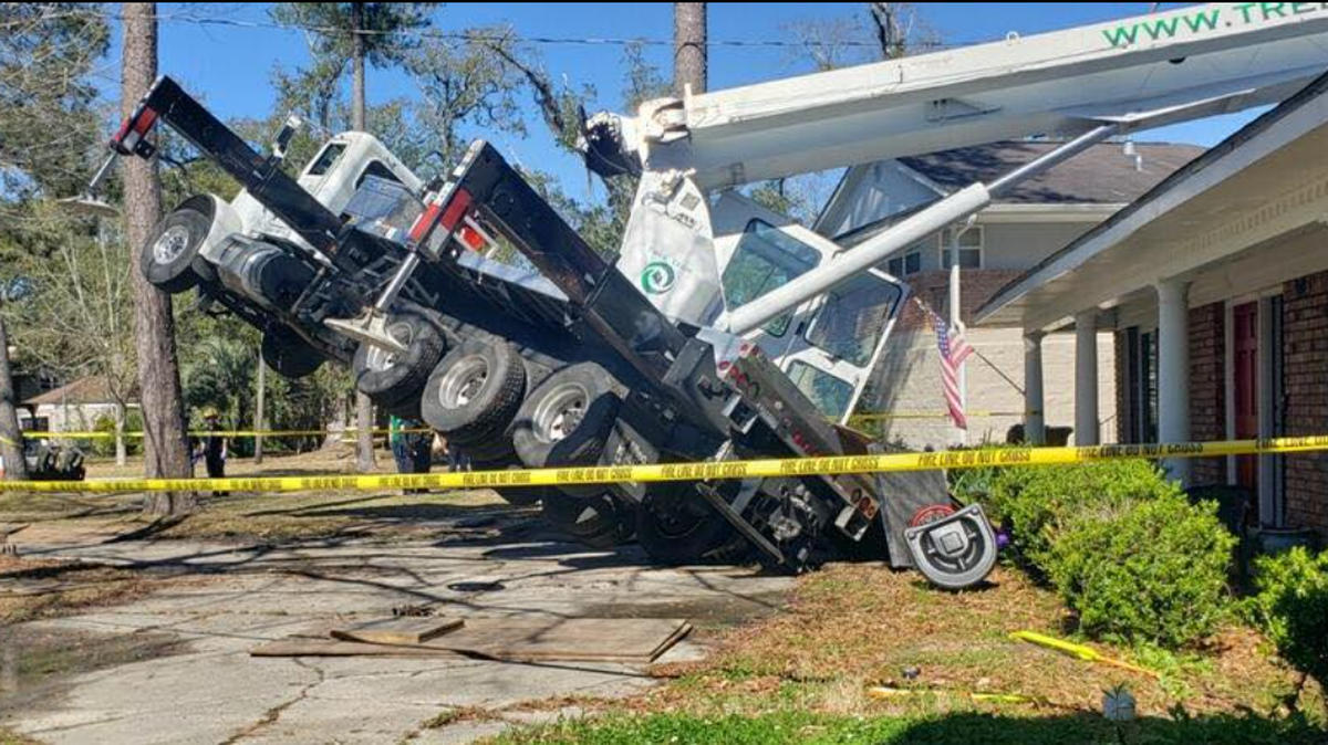 A tree-trimming mishap caused minor injuries and damage to a home, Louisiana authorities say.