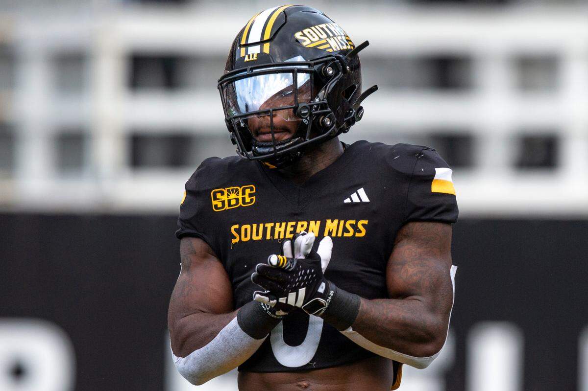Southern Miss Golden Eagles running back Derek Clark (0) during a game between Southern Miss and South Florida at M.M. Roberts Stadium in Hattiesburg on Saturday, Sept. 14, 2024.