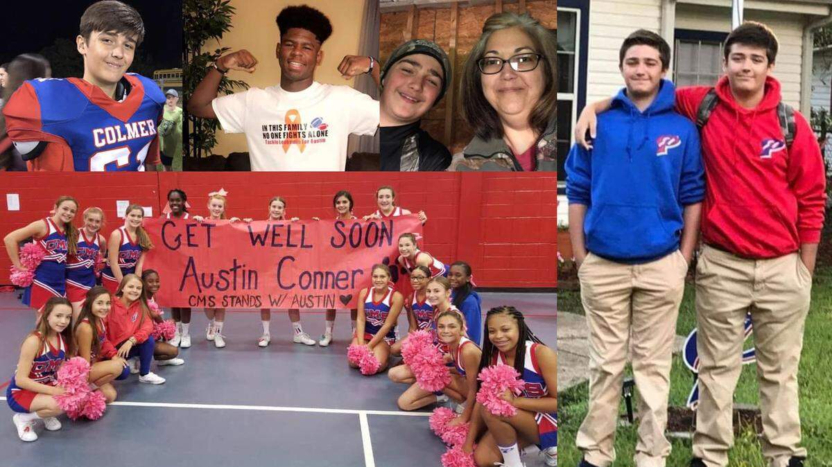 Cheerleaders at Colmer Middle School in Pascagoula show their support of football player Austin Conner after his diagnosis with leukemia.