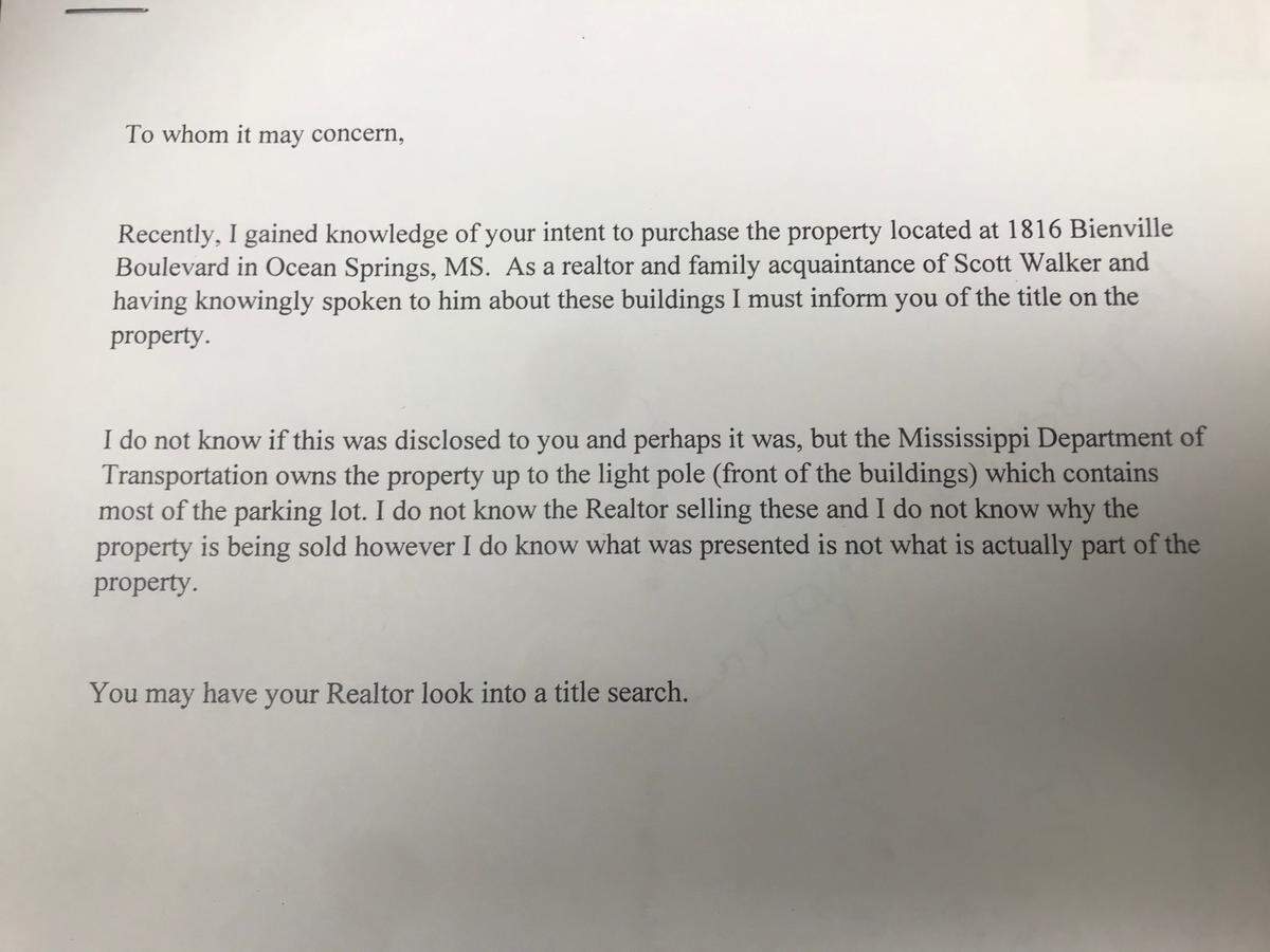 A potential buyer received this anonymous letter about a shopping center owned by Sharon Walker and son Scott Walker. Scott Walker put in a backup offer to buy the property but testified that he did not send the letter.