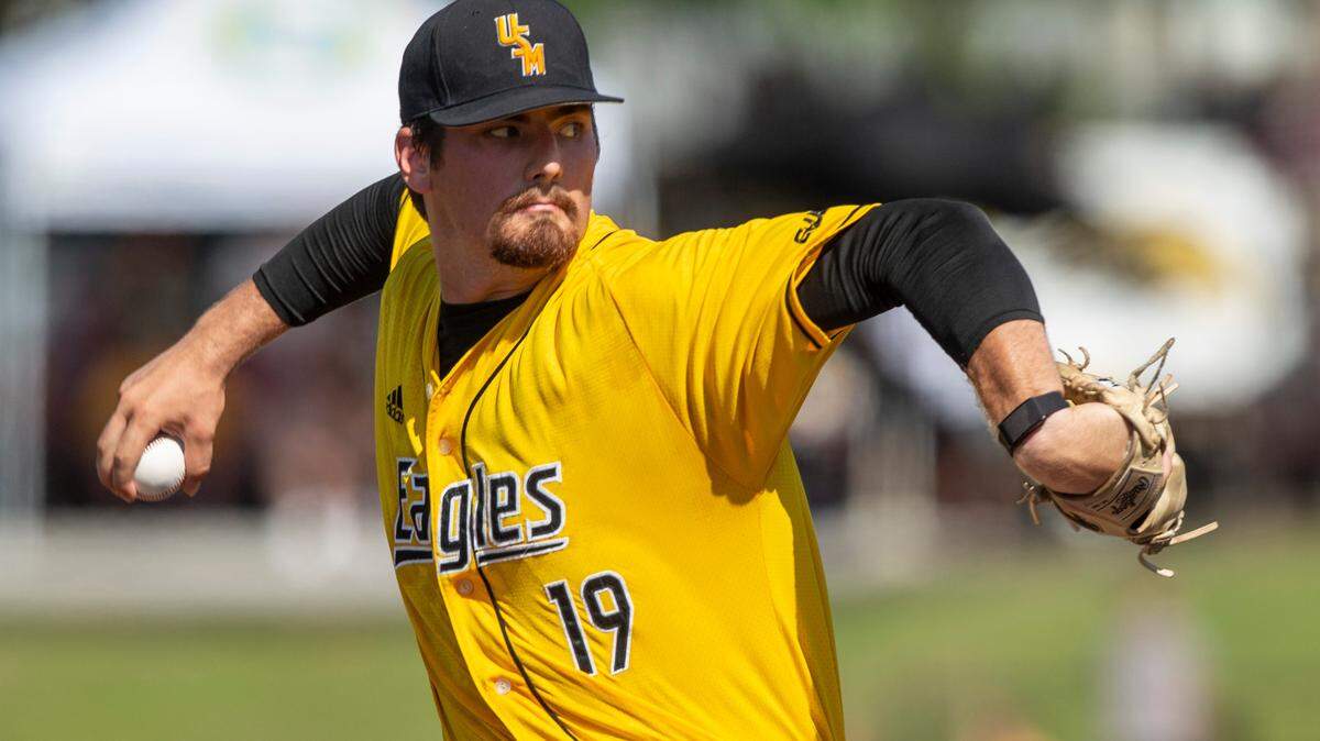 Southern Miss pitcher Tyler Stuart prepares for a pitch during a game against UTSA during the Conference USA tournament at Pete Taylor Park in Hattiesburg on Saturday, May 28, 2022.