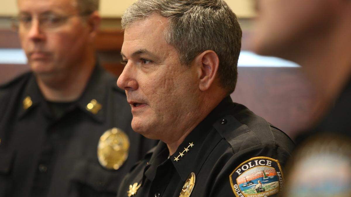 AMANDA MCCOY/SUN HERALD 
 
 Gulfport Police Chief Leonard Papania announced the identity of remains found Oct. 7 in Orange Grove and that an arrest had been made in the person's death.