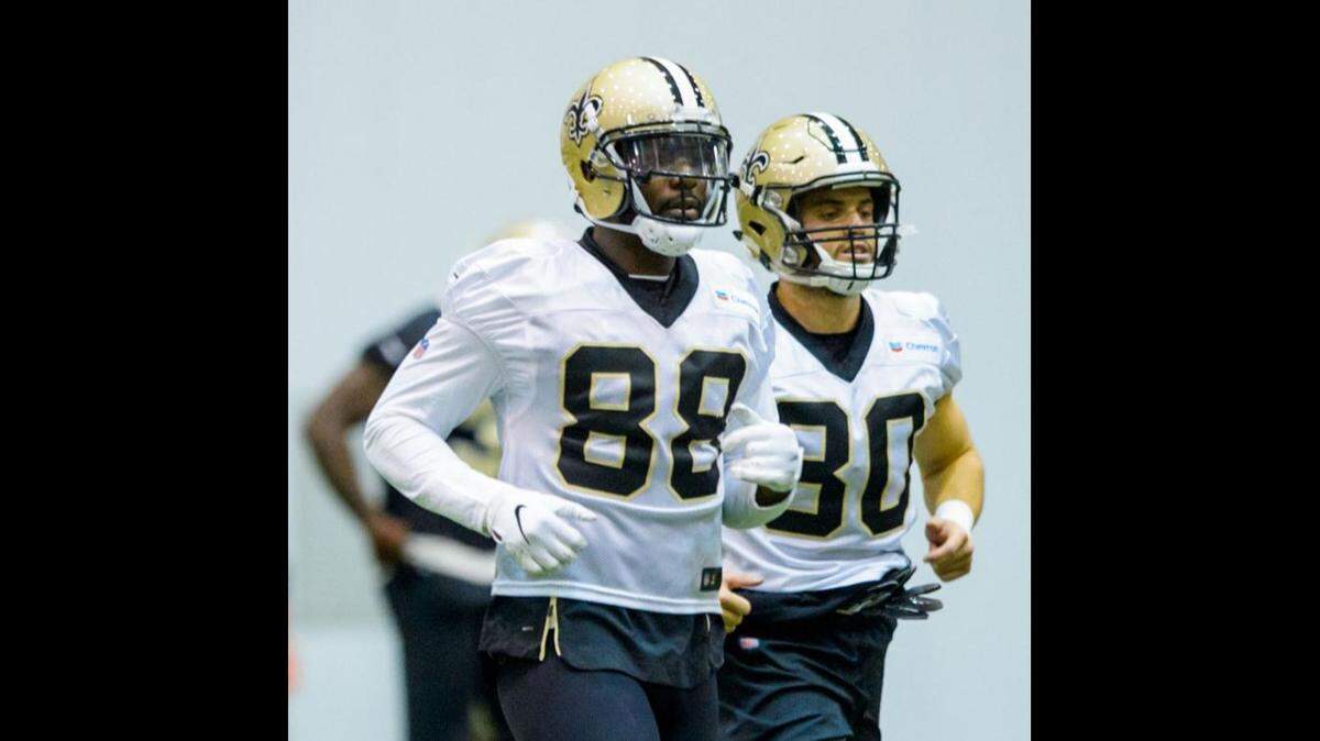 New Orleans Saints wide receiver Dez Bryant (88) stretches during practice at the Saints Practice Facility in Metairie, on Thursday, Nov. 8, 2018.